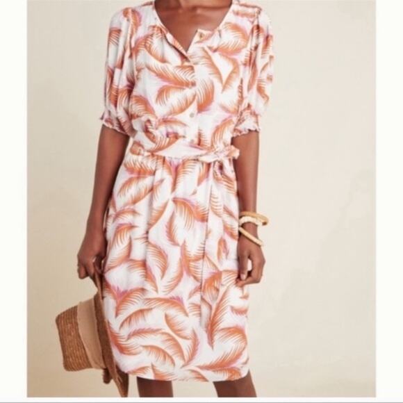 Anthropologie Nicole Feather Pattern Linen Puff Sleeved Shirt Dress Size MP - Picture 2 of 15